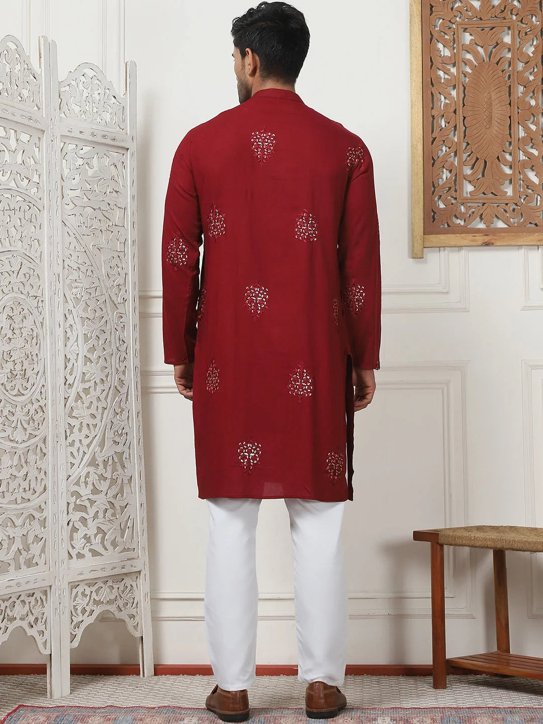 Maroon Embroidered Mens Kurta Pajama Set | Viscose Rayon