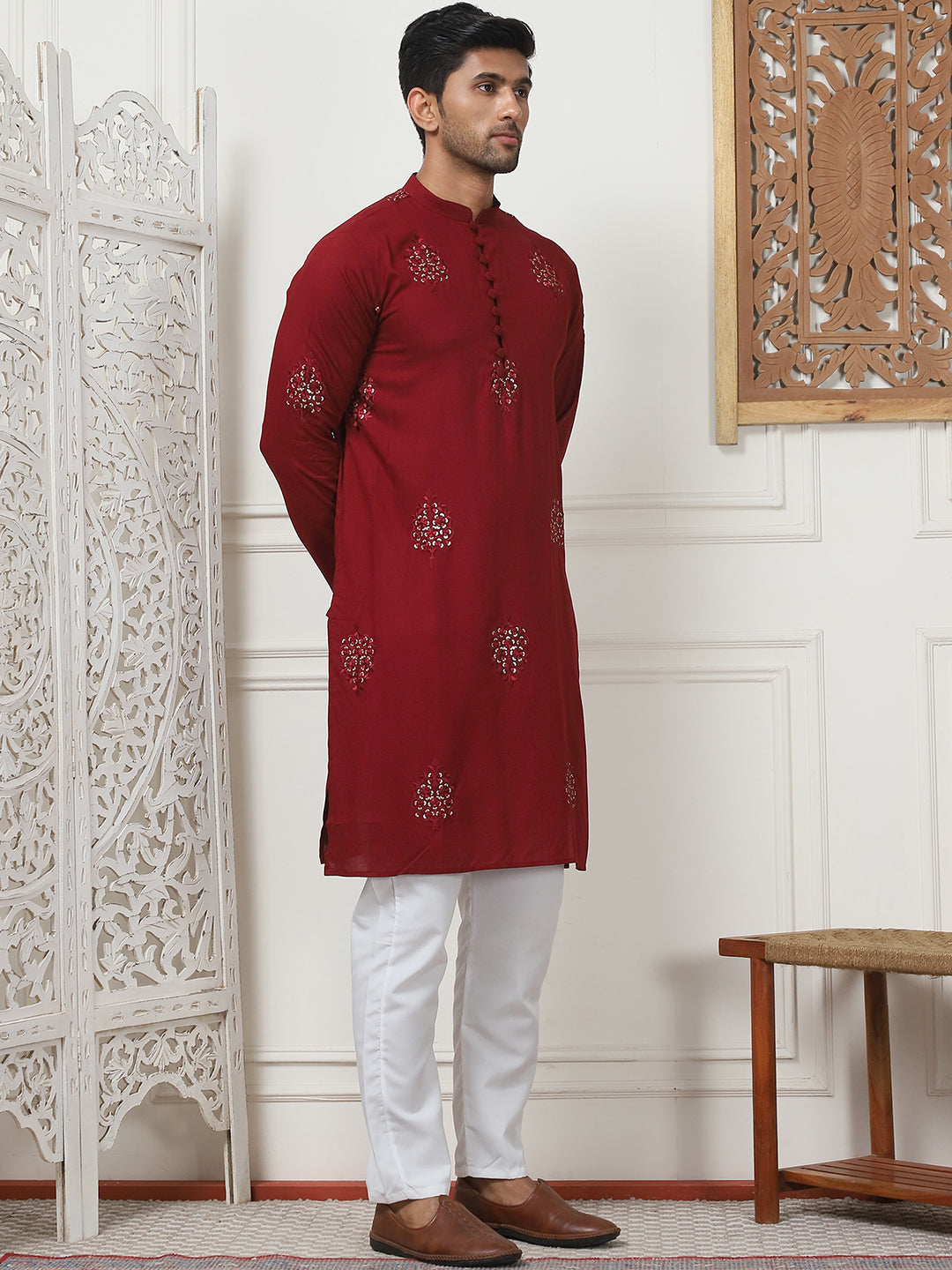 Maroon Embroidered Mens Kurta Pajama Set | Viscose Rayon