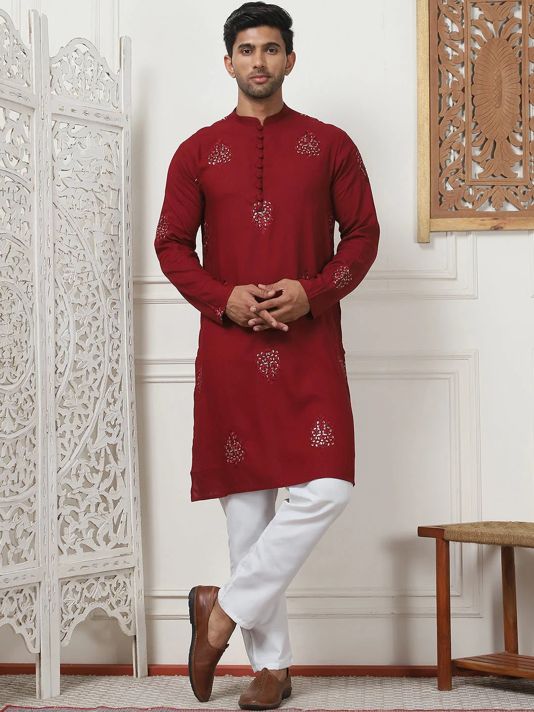 Maroon Embroidered Mens Kurta Pajama Set | Viscose Rayon