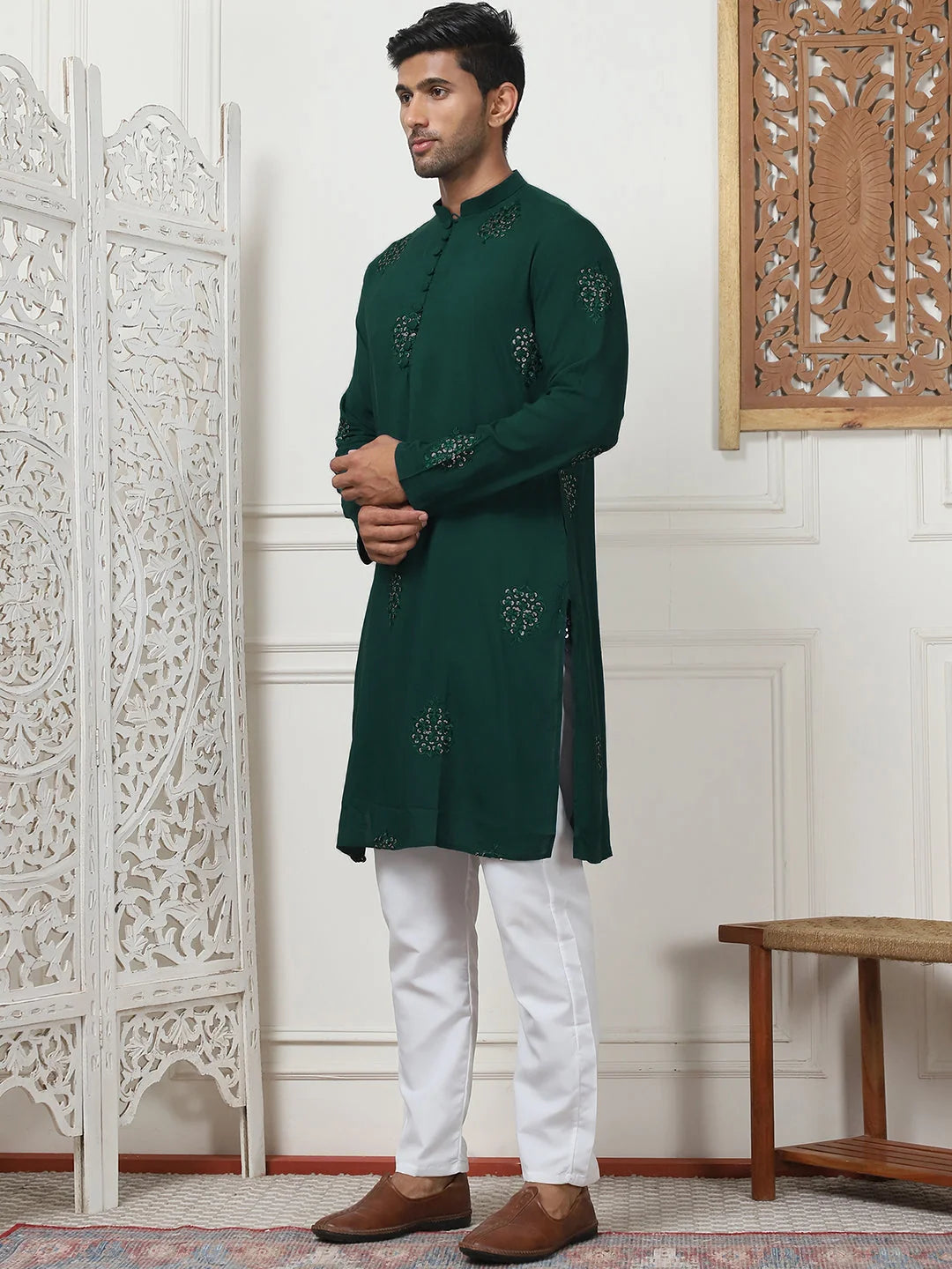 Olive Embroidered Mens Kurta Pajama Set - Viscose Rayon
