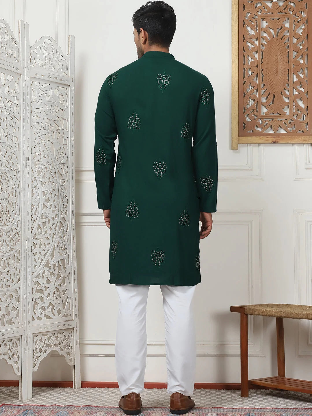 Olive Embroidered Mens Kurta Pajama Set - Viscose Rayon