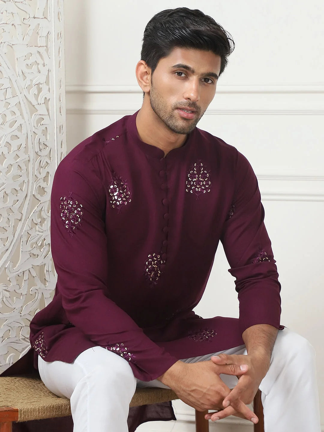 Purple Embroidered Rayon Mens Kurta Pajama Set | Pathani Style