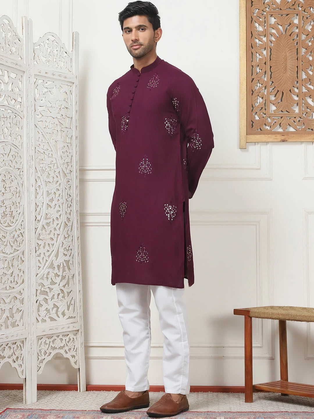 Purple Embroidered Rayon Mens Kurta Pajama Set | Pathani Style