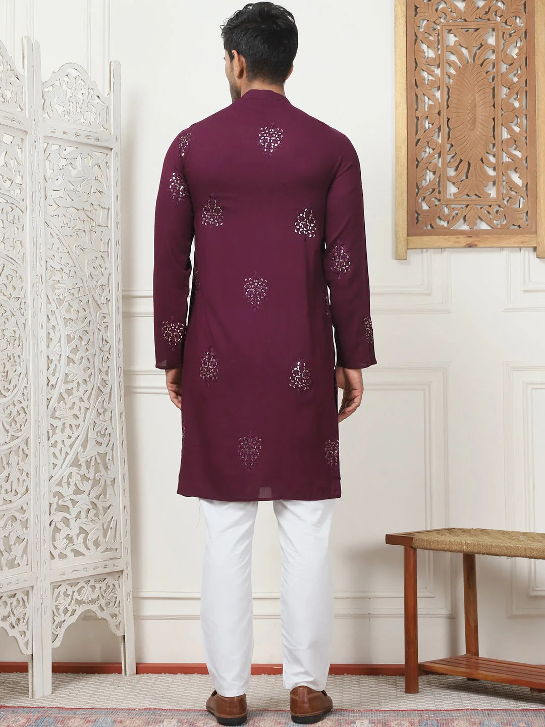 Purple Embroidered Rayon Mens Kurta Pajama Set | Pathani Style