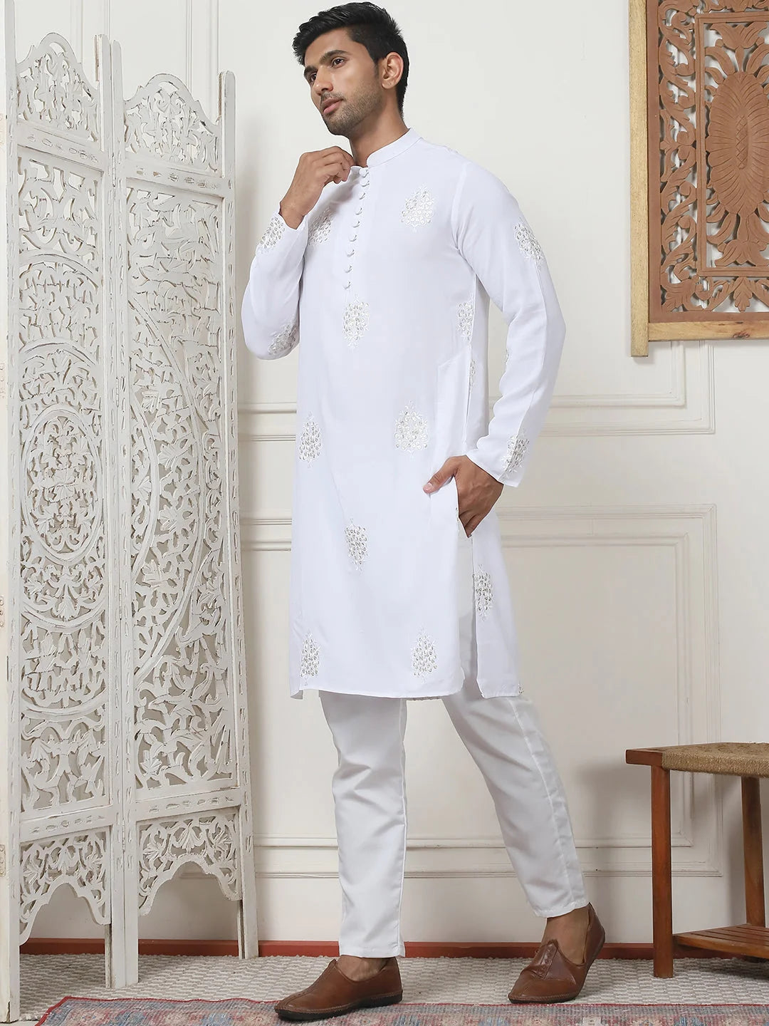 White Embroidered Viscose Rayon Mens Kurta Pajama Set | Kurta
