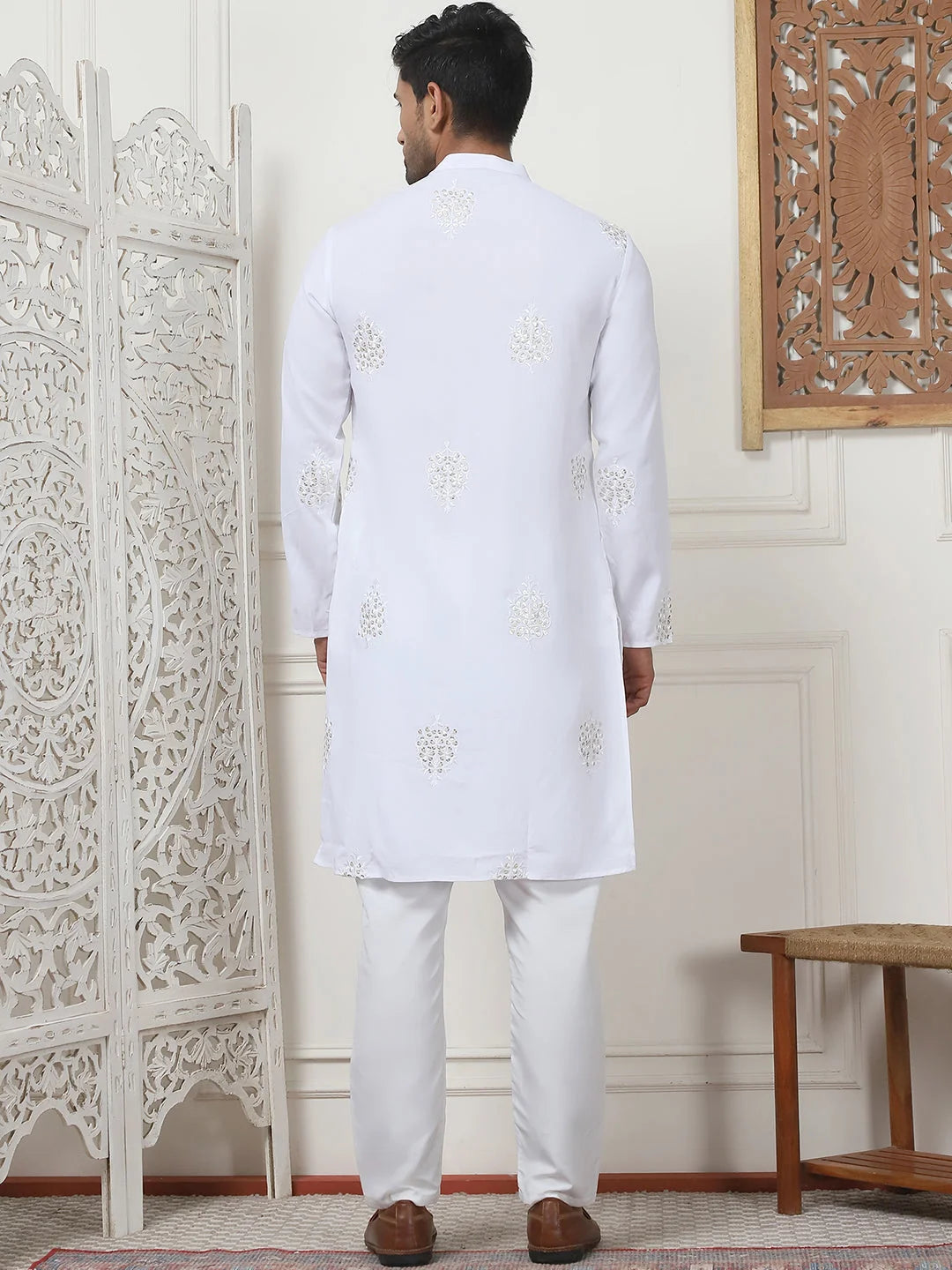 White Embroidered Viscose Rayon Mens Kurta Pajama Set | Kurta
