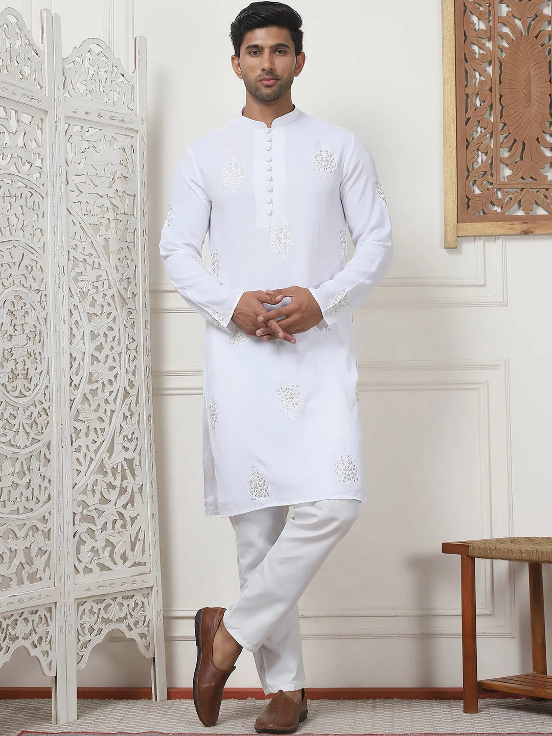 White Embroidered Viscose Rayon Mens Kurta Pajama Set | Kurta