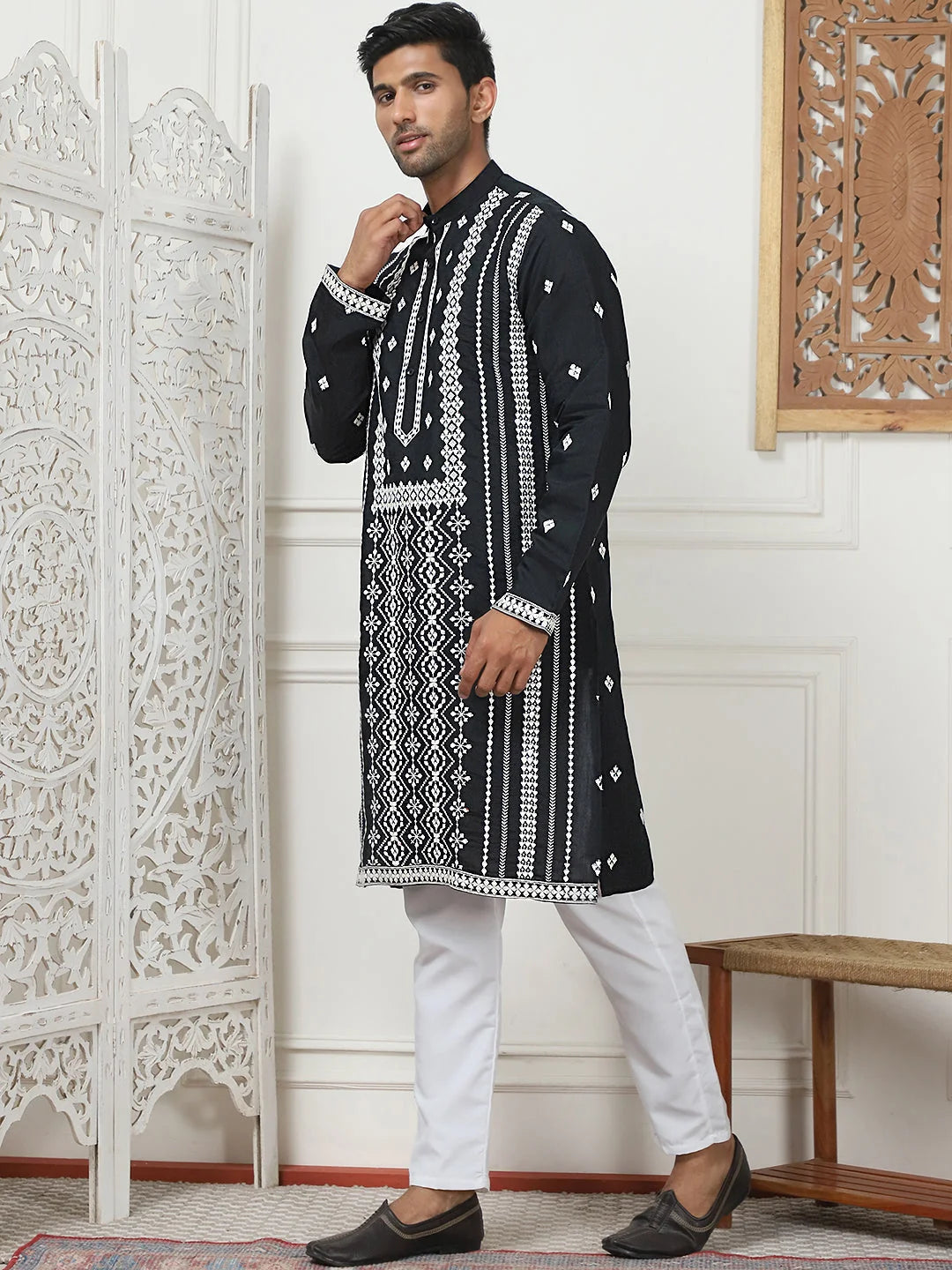 Black Embroidered Mens Kurta Pajama Set | Cotton Blend Pathani