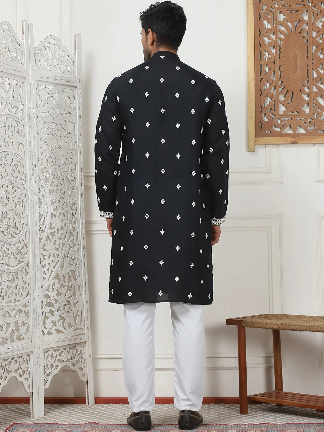 Black Embroidered Mens Kurta Pajama Set | Cotton Blend Pathani