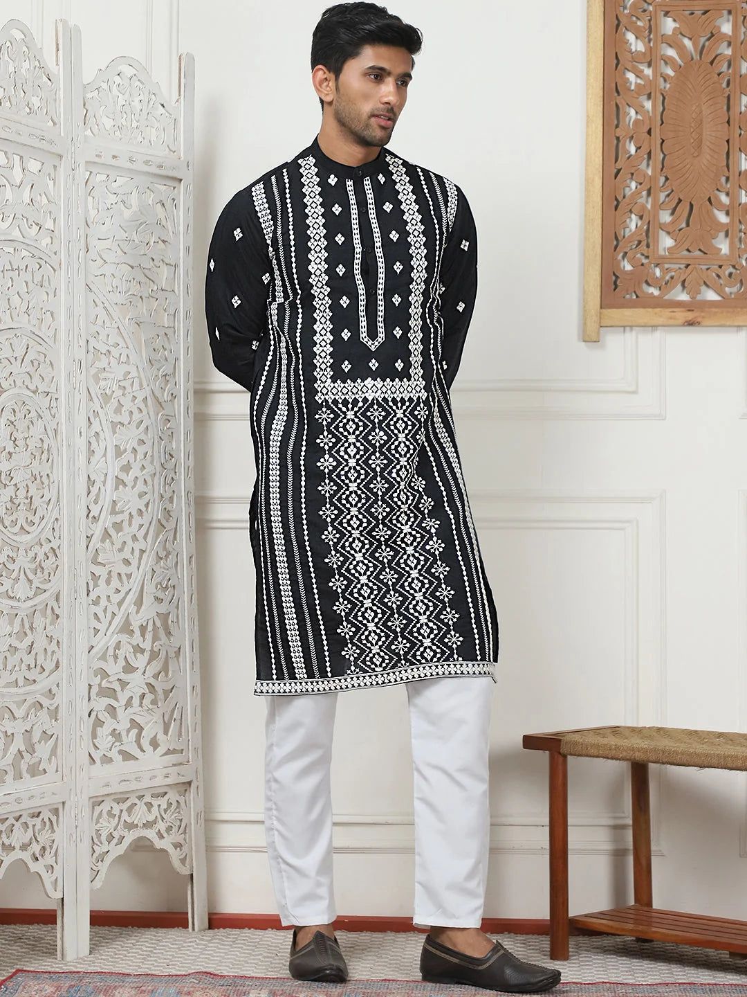 Black Embroidered Mens Kurta Pajama Set | Cotton Blend Pathani