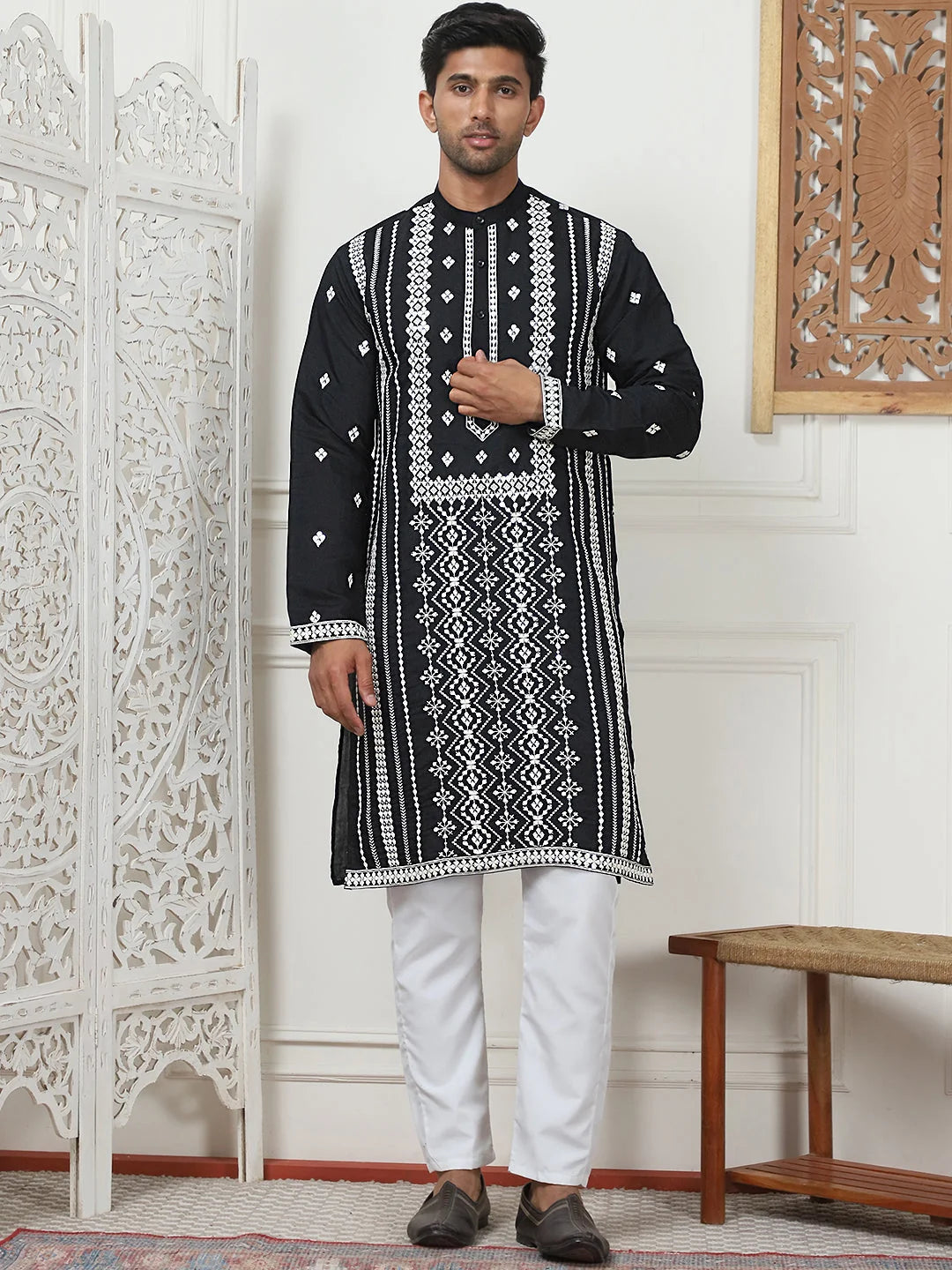 Black Embroidered Mens Kurta Pajama Set | Cotton Blend Pathani