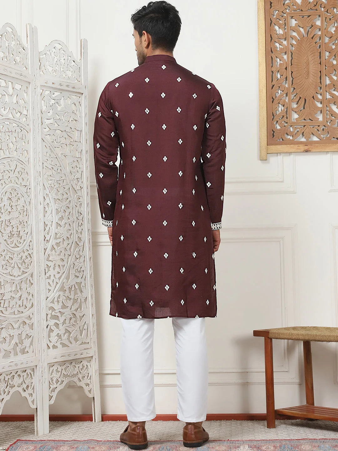 Wine Embroidered Cotton Blend Kurta Pajama Set for Men