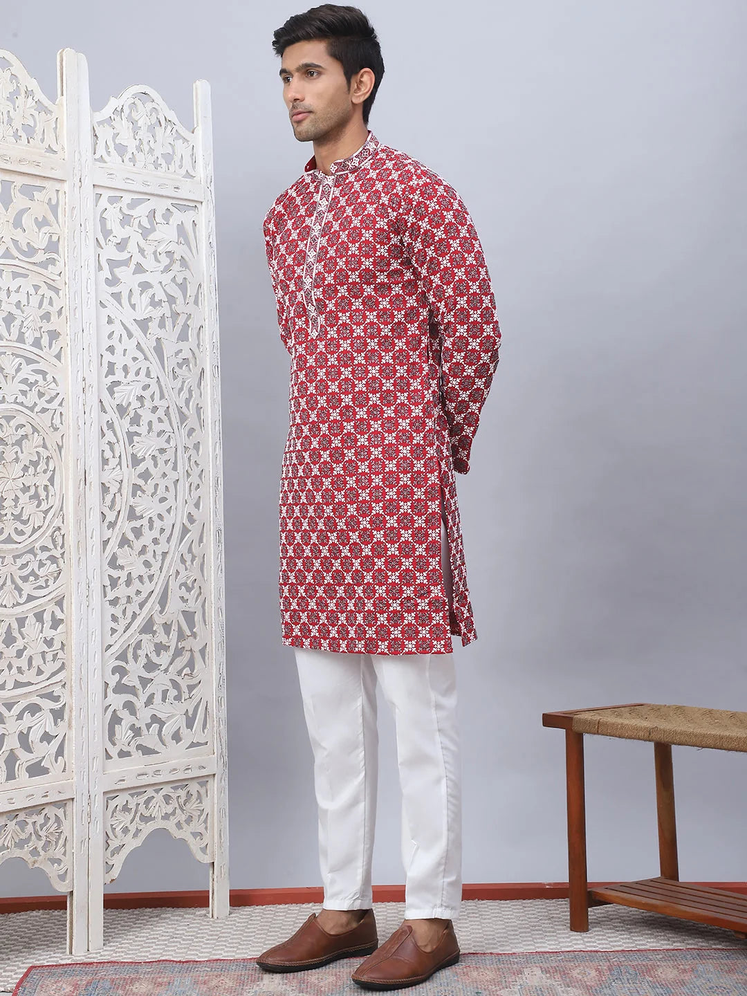 Maroon Embroidered Mens Kurta Pajama Set - Stylish Pathani