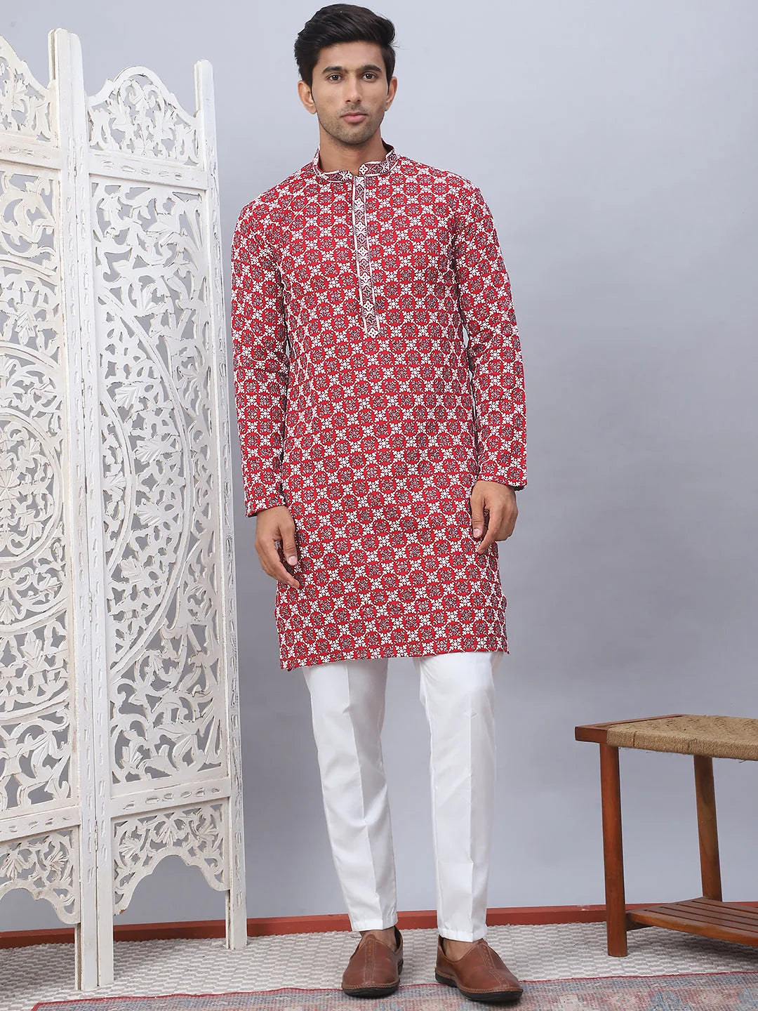 Maroon Embroidered Mens Kurta Pajama Set - Stylish Pathani