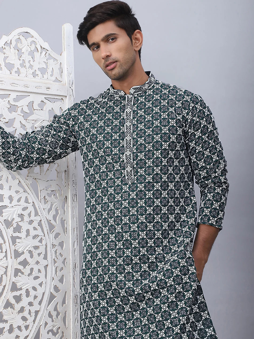 Embroidered Kurta Pyjama for Men-JOKP-5092Olive