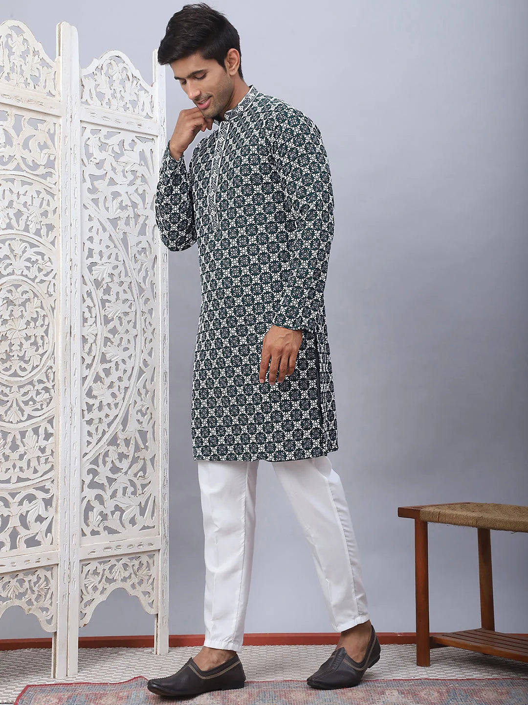 Olive Embroidered Mens Kurta Pajama Set - Rayon Mens Kurta