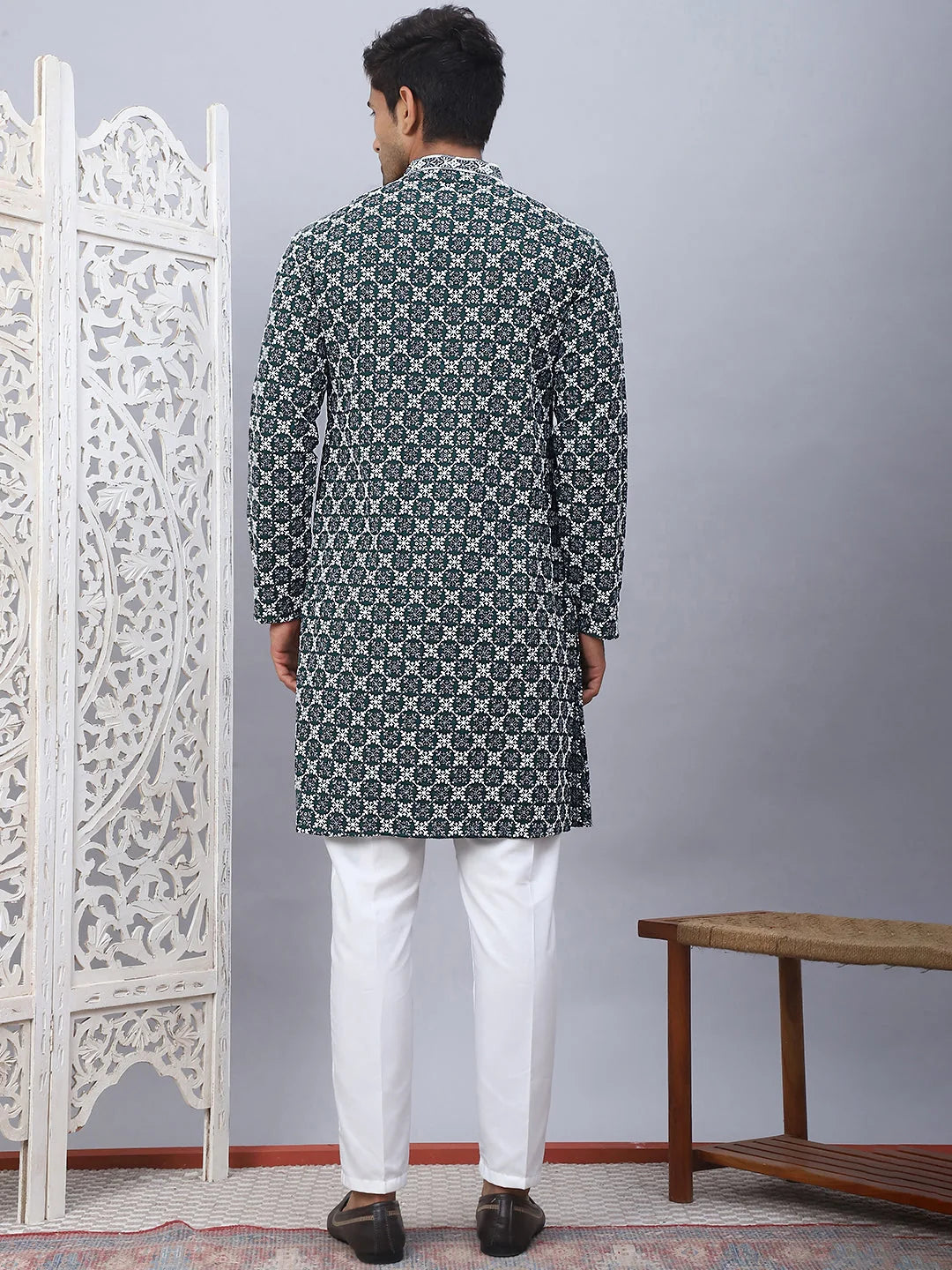 Olive Embroidered Mens Kurta Pajama Set - Rayon Mens Kurta