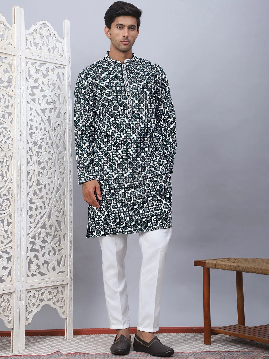 Olive Embroidered Mens Kurta Pajama Set - Rayon Mens Kurta