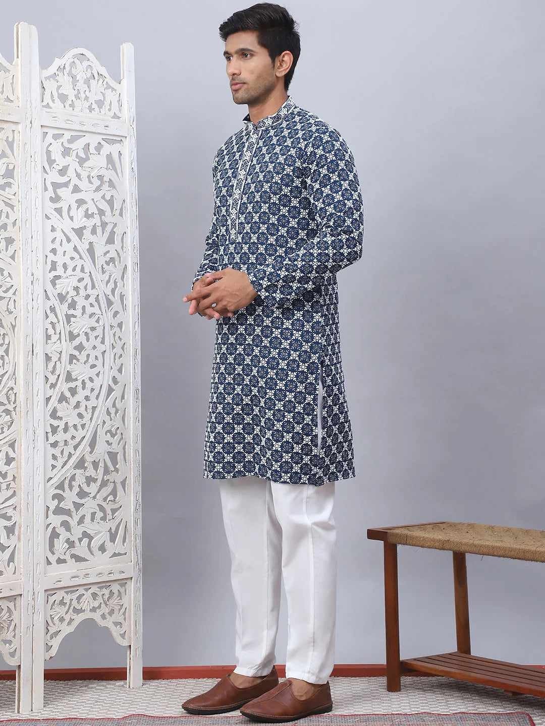 Peacock Embroidered Mens Kurta Pajama Set - Rayon Fabric