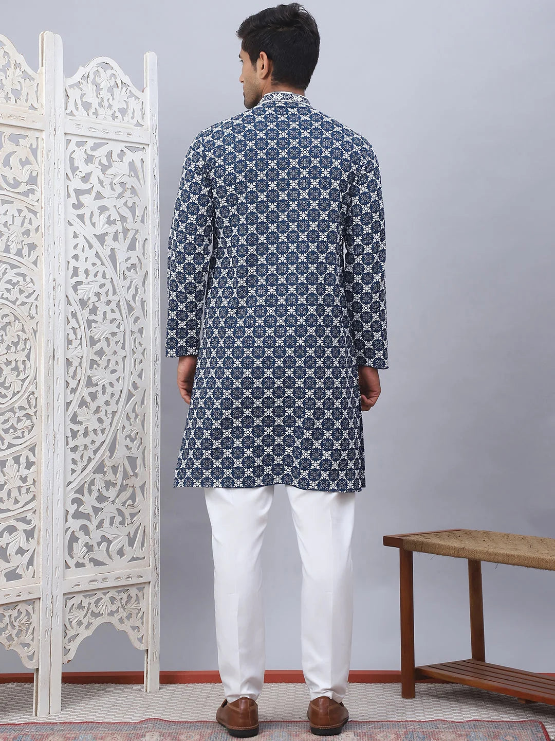 Peacock Embroidered Mens Kurta Pajama Set - Rayon Fabric