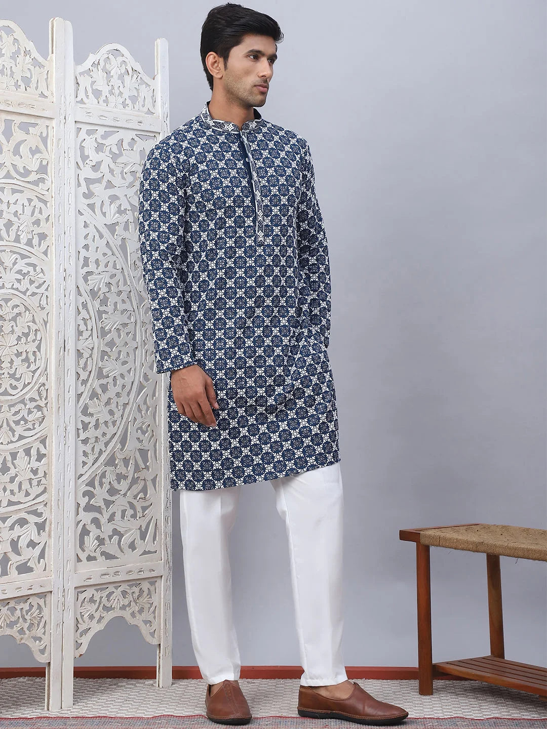 Peacock Embroidered Mens Kurta Pajama Set - Rayon Fabric
