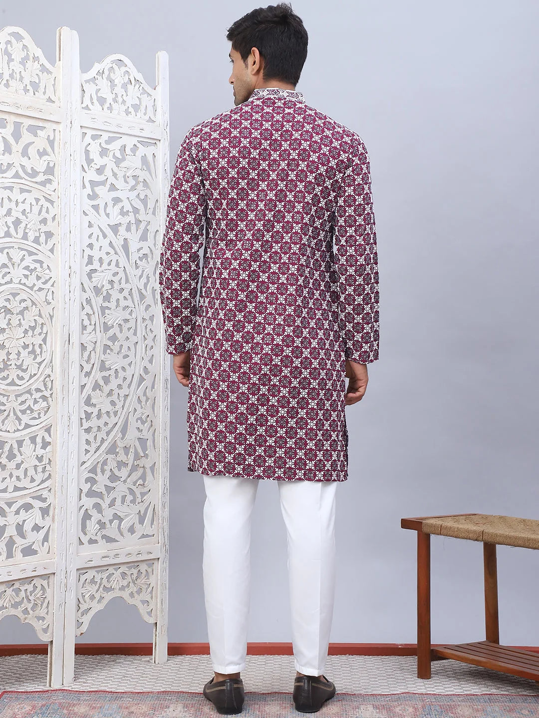 Purple Embroidered Mens Kurta Pajama Set - Rayon Kurta Pajama
