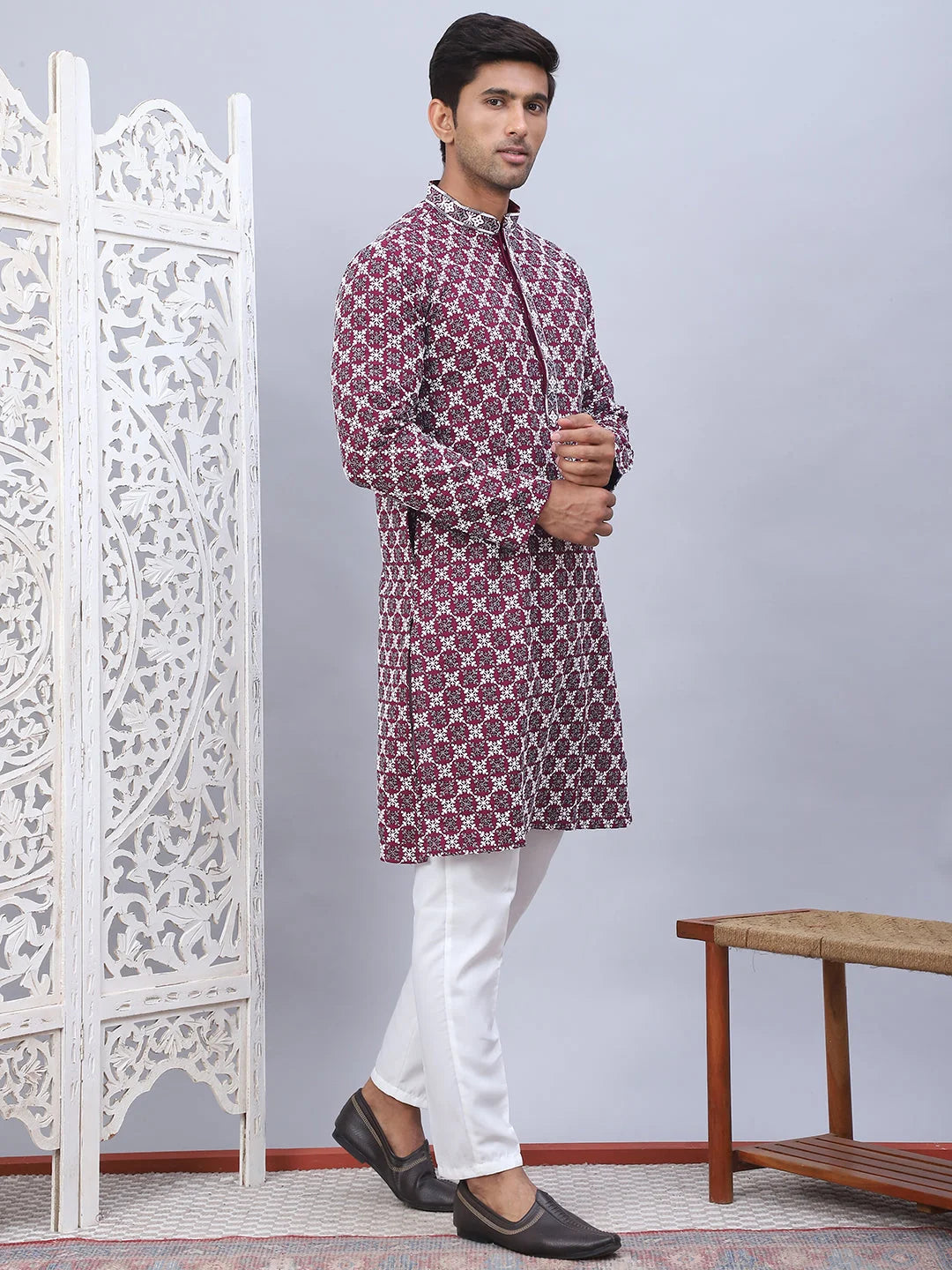 Purple Embroidered Mens Kurta Pajama Set - Rayon Kurta Pajama