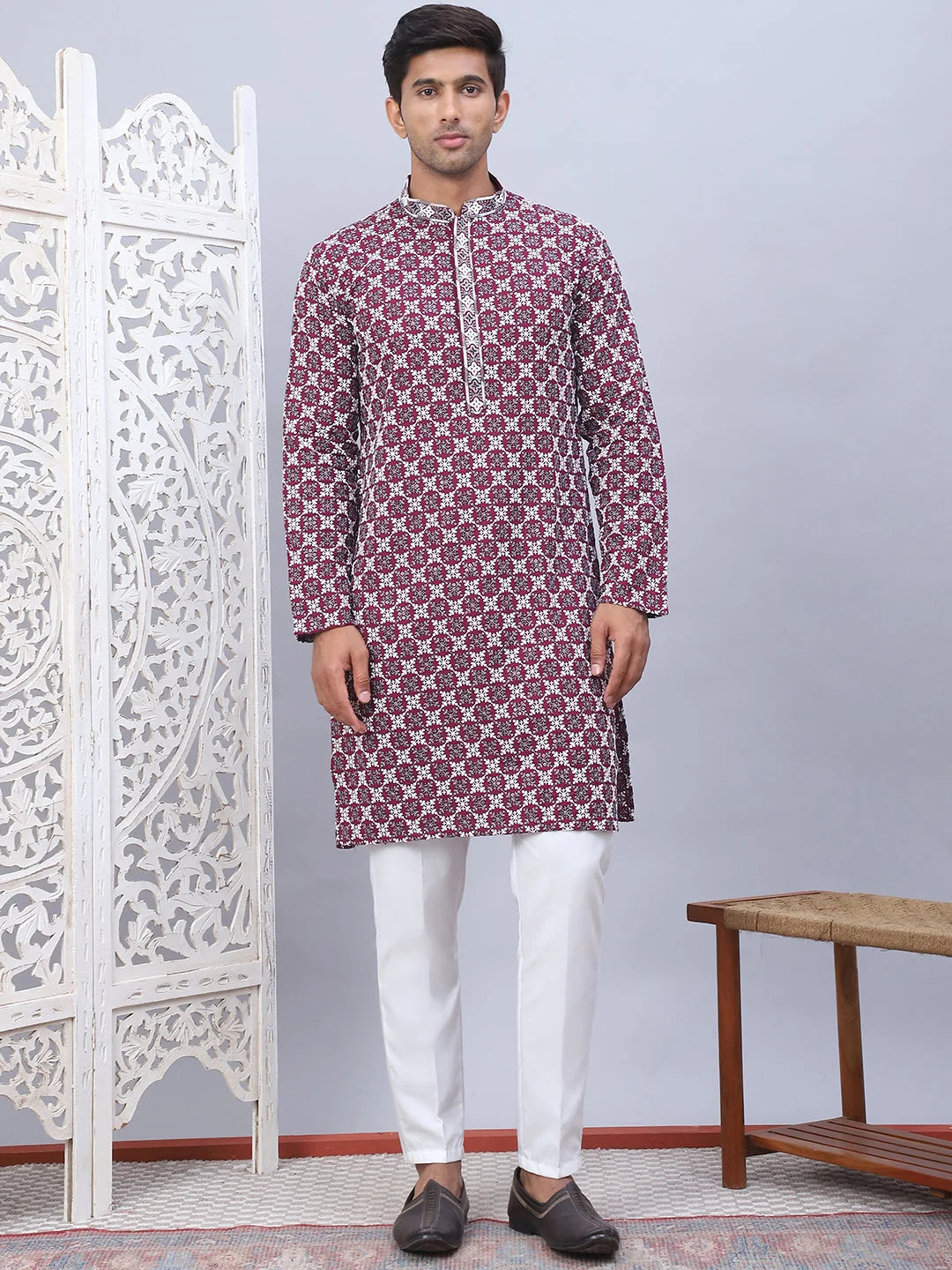 Purple Embroidered Mens Kurta Pajama Set - Rayon Kurta Pajama