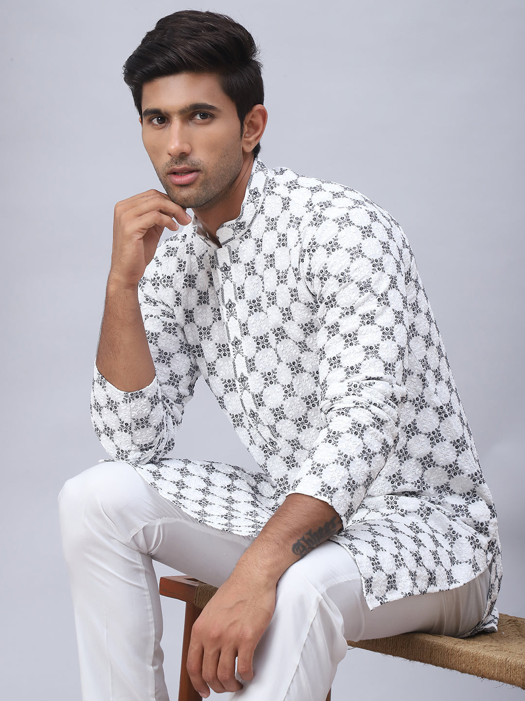Embroidered Kurta Pyjama for Men-JOKP-5092White