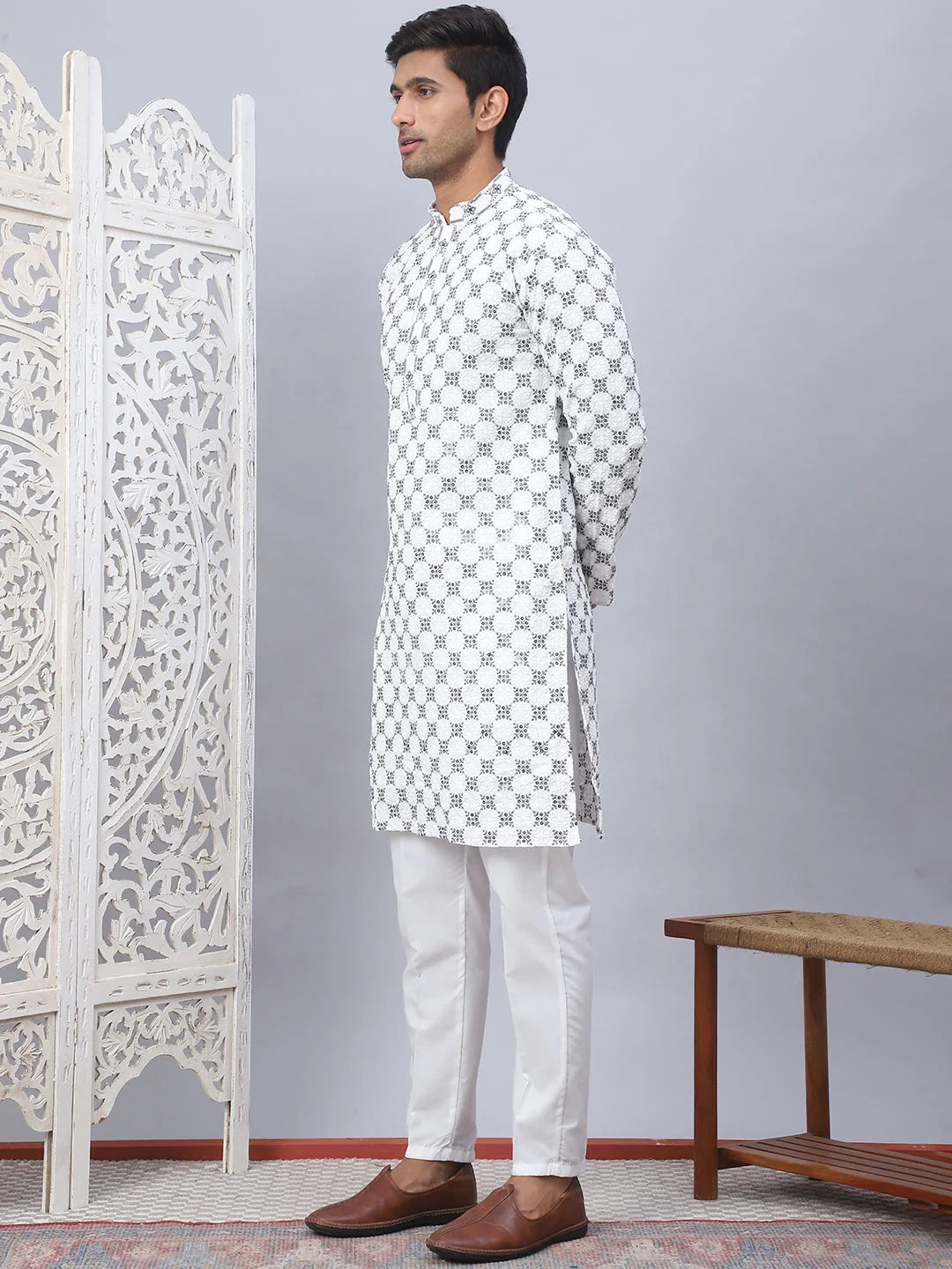 White Embroidered Mens Kurta Pajama Set - Rayon Fabric