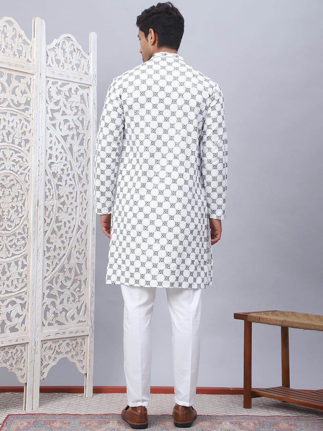 White Embroidered Mens Kurta Pajama Set - Rayon Fabric