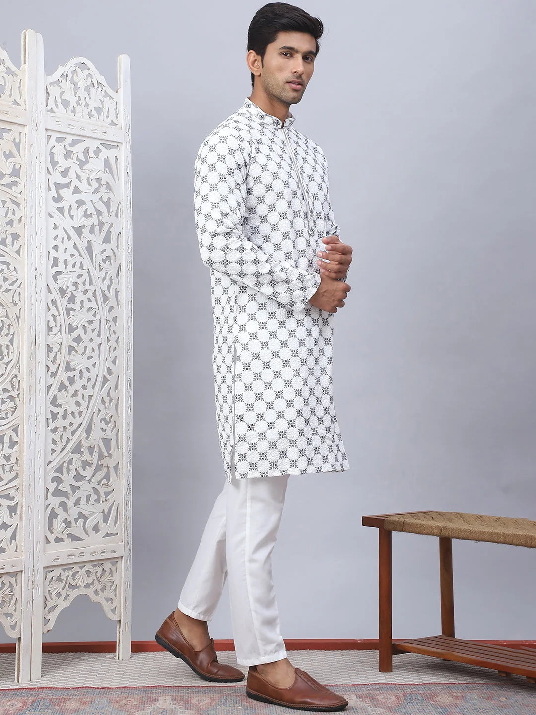White Embroidered Mens Kurta Pajama Set - Rayon Fabric