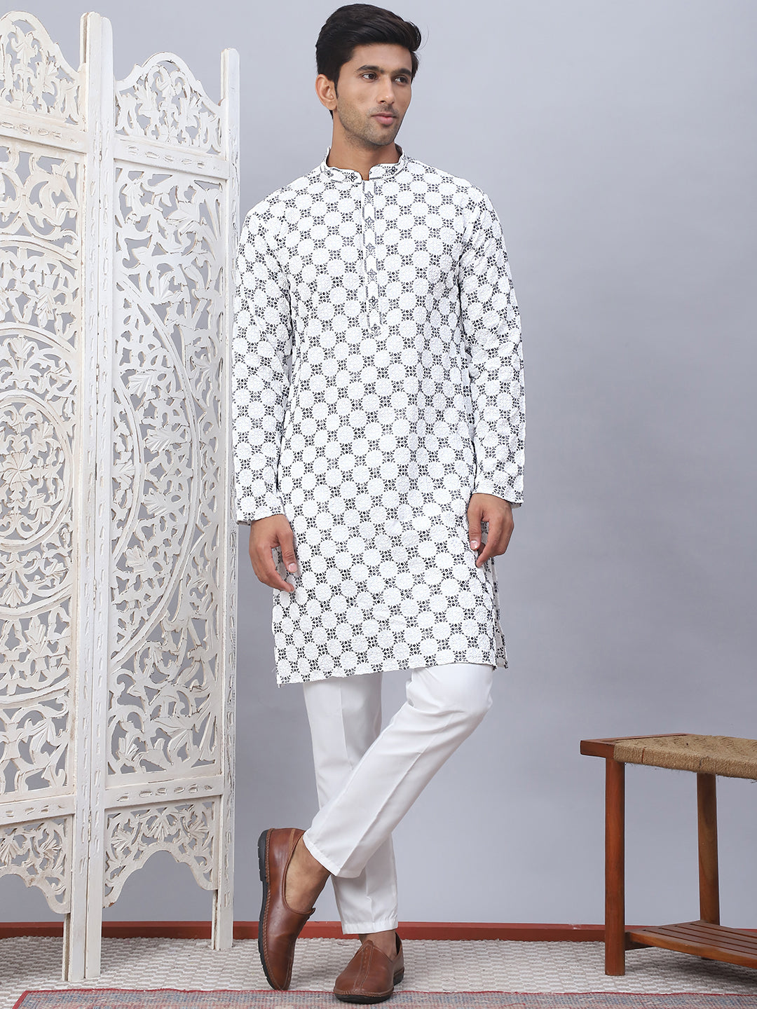 White Embroidered Mens Kurta Pajama Set - Rayon Fabric
