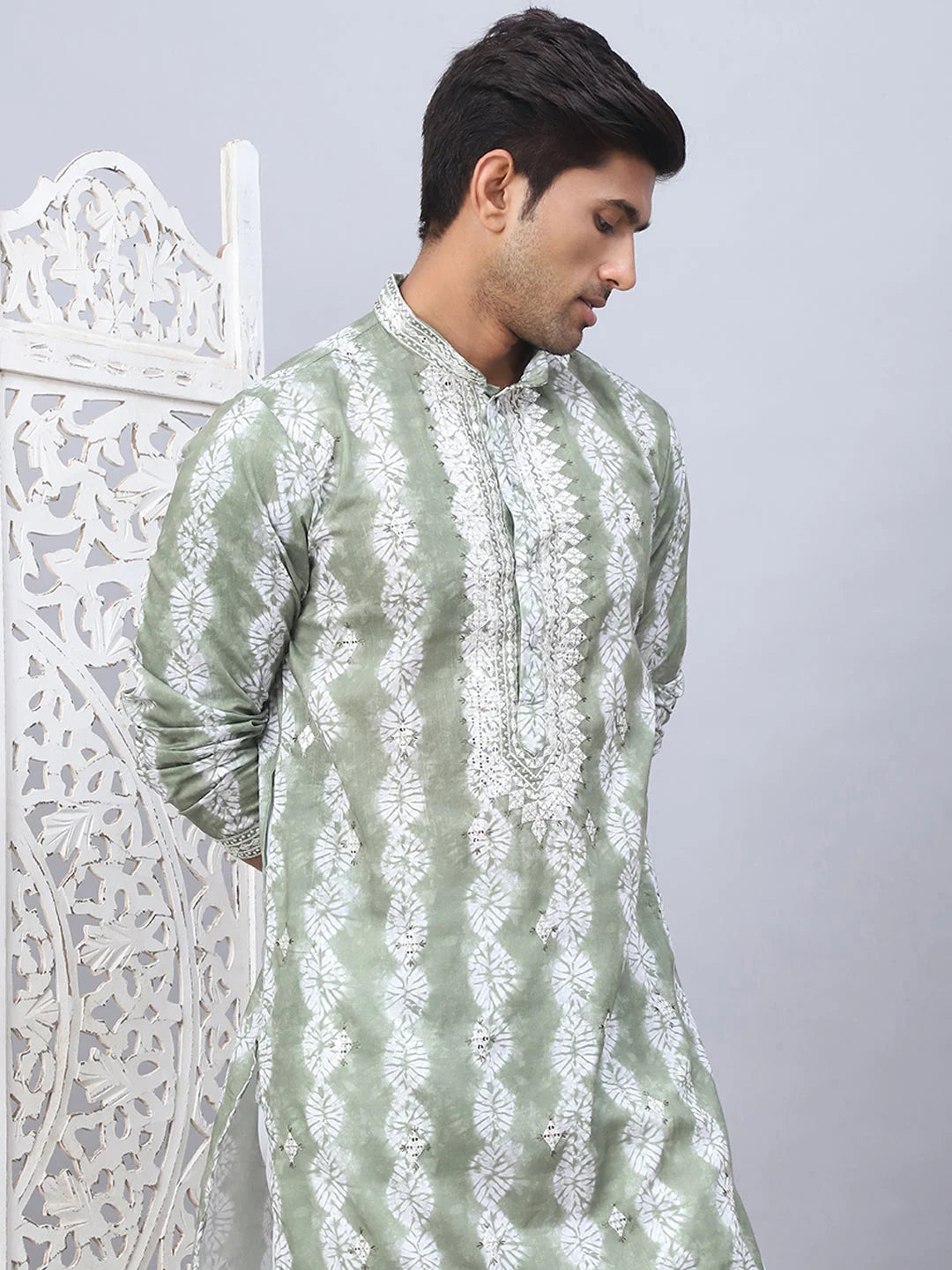 Green Tie-Dye Kurta Pajama Set | Embroidered Mens Kurta