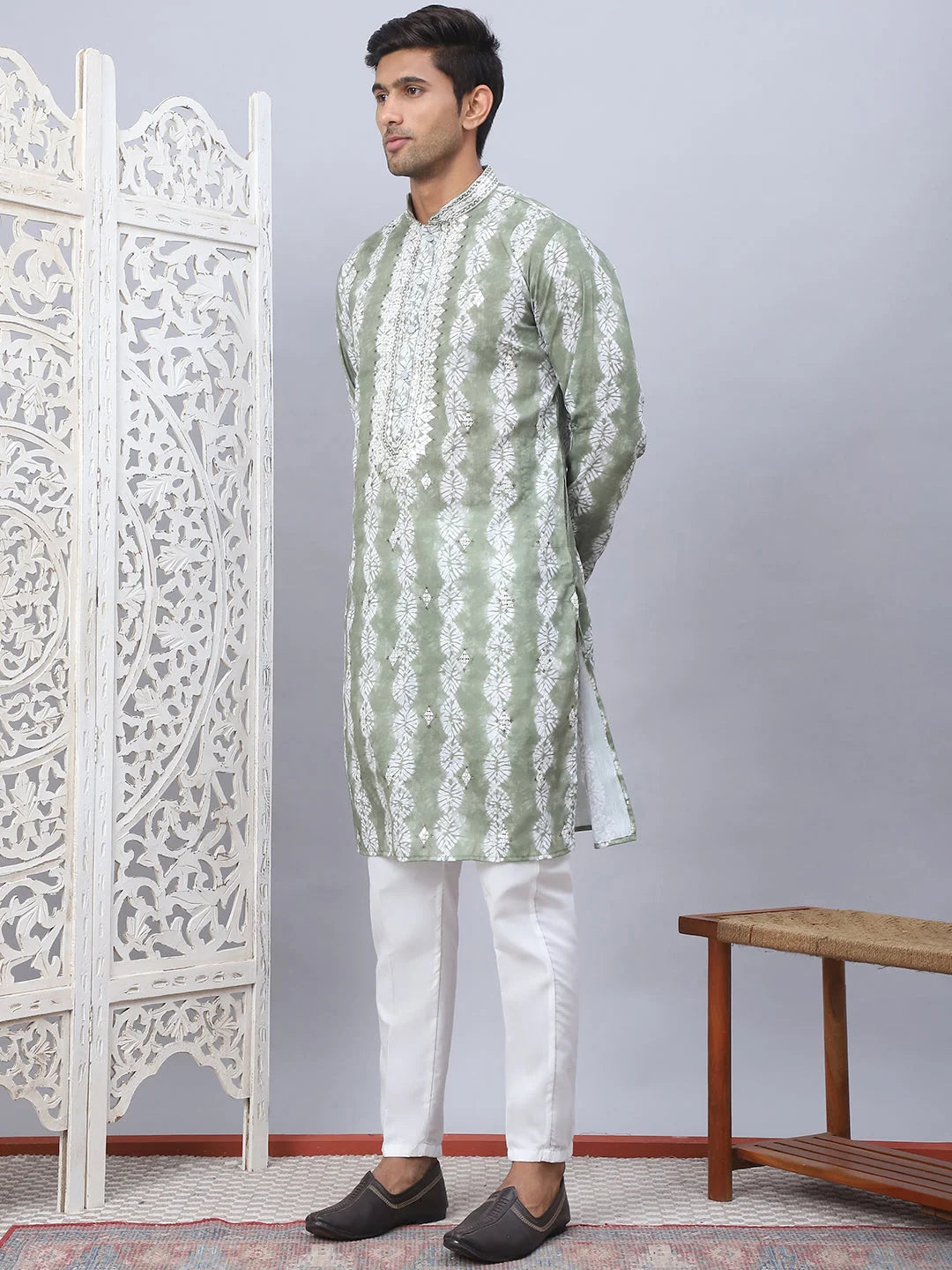 Green Tie-Dye Kurta Pajama Set | Embroidered Mens Kurta