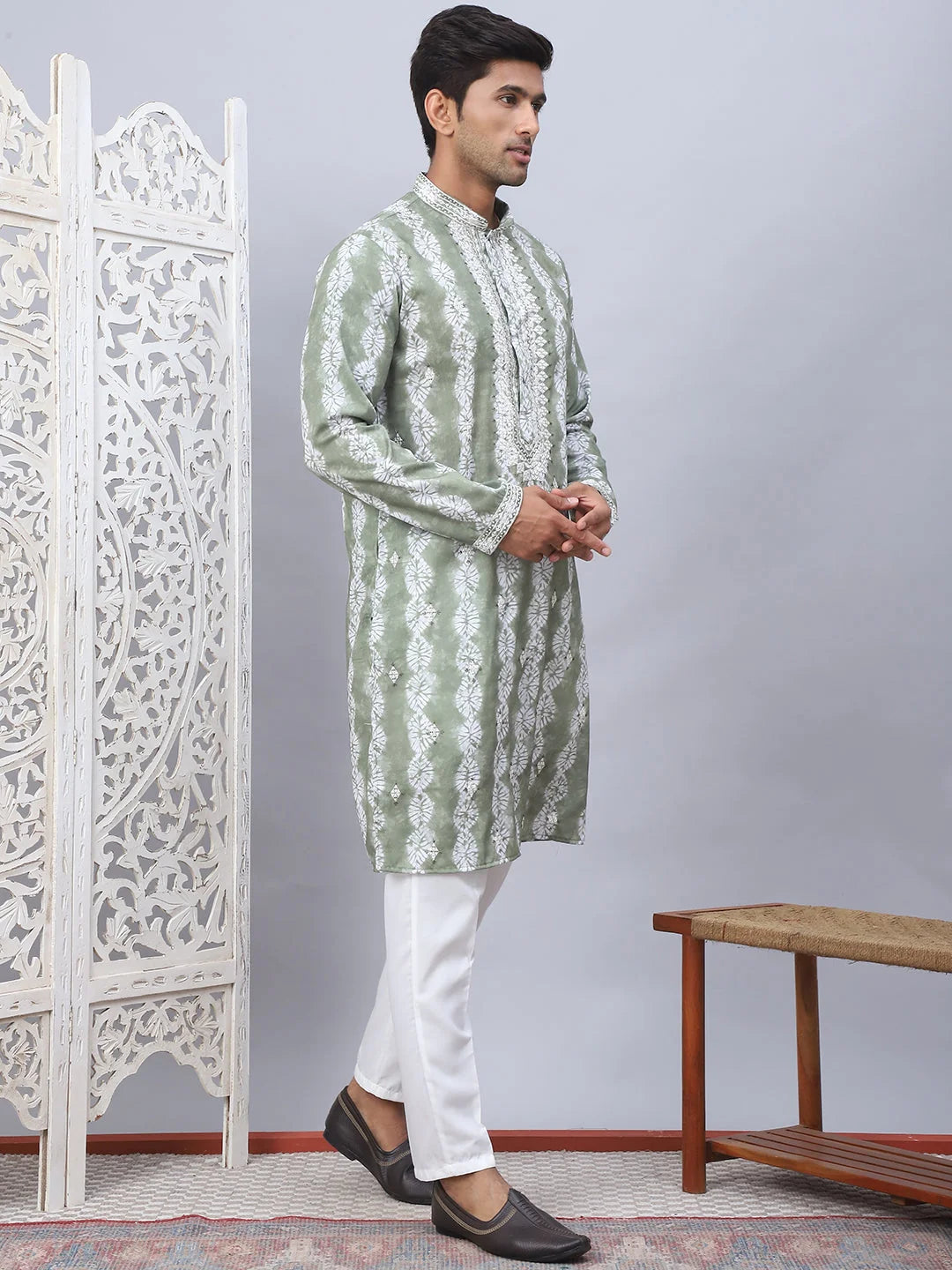 Green Tie-Dye Kurta Pajama Set | Embroidered Mens Kurta