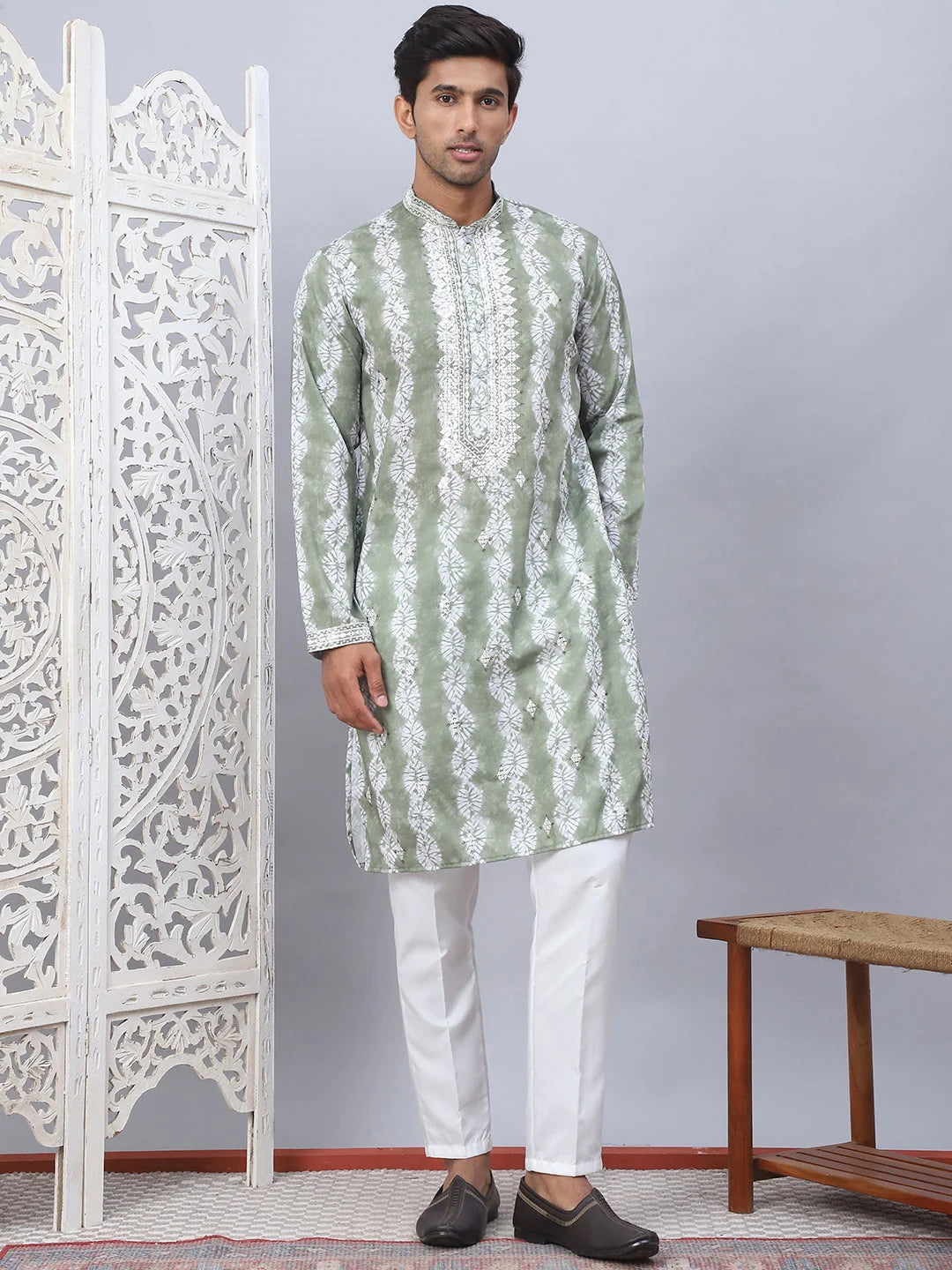 Green Tie-Dye Kurta Pajama Set | Embroidered Mens Kurta