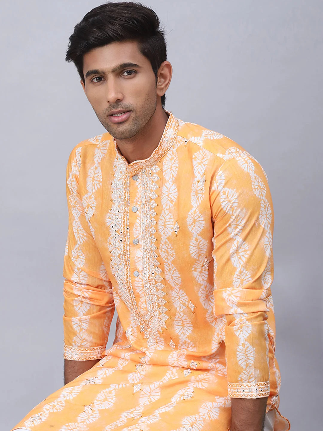 Orange Tie-Dye Kurta Pajama Set | Embroidered Mens Kurta