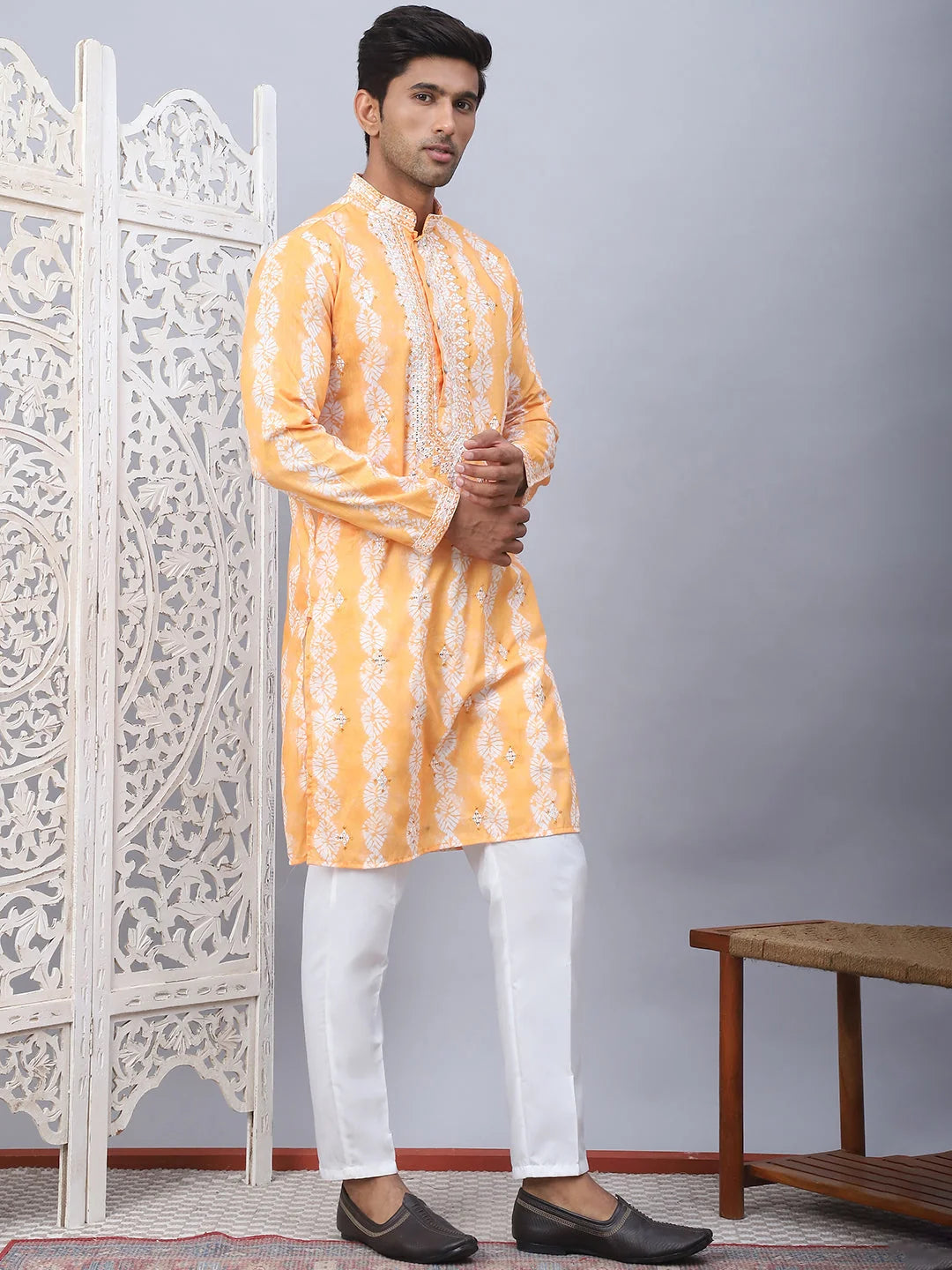 Orange Tie-Dye Kurta Pajama Set | Embroidered Mens Kurta