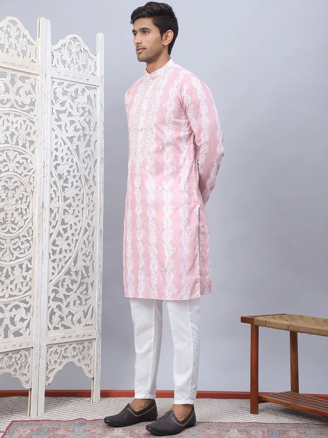 Peach Tie-Dye Kurta Pajama Set | Embroidered Mens Kurta