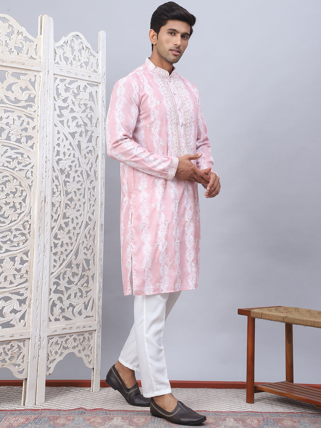 Peach Tie-Dye Kurta Pajama Set | Embroidered Mens Kurta