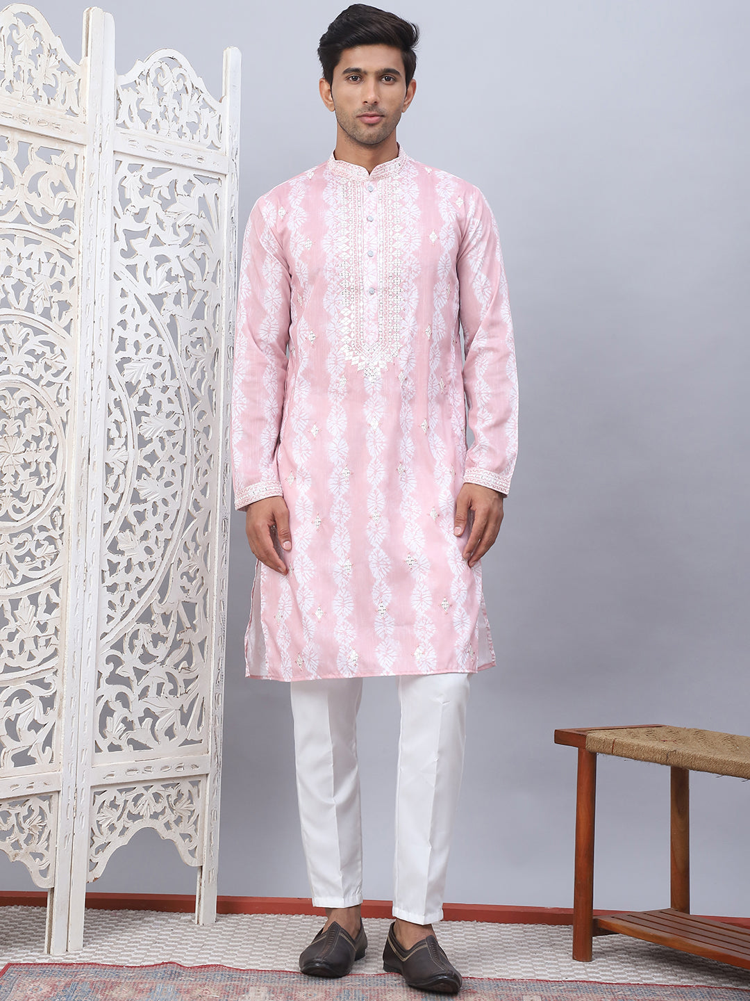 Peach Tie-Dye Kurta Pajama Set | Embroidered Mens Kurta