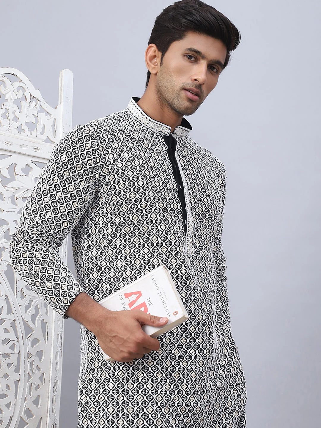 Black Chikankari Mens Kurta Pajama Set | Embroidered Cotton