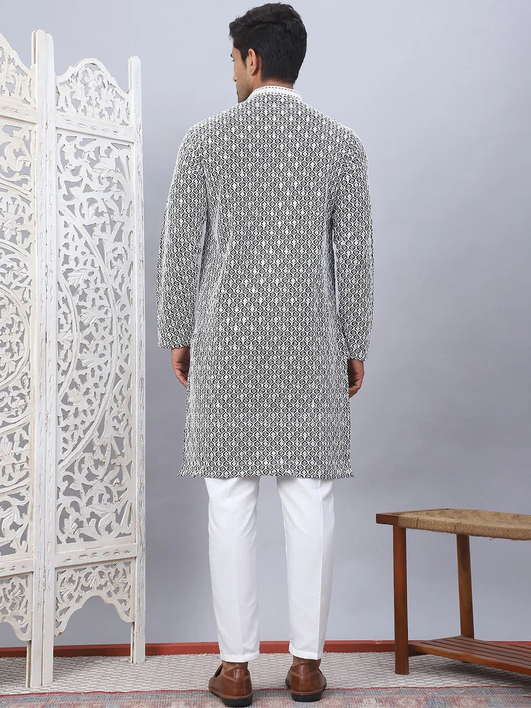 Black Chikankari Mens Kurta Pajama Set | Embroidered Cotton