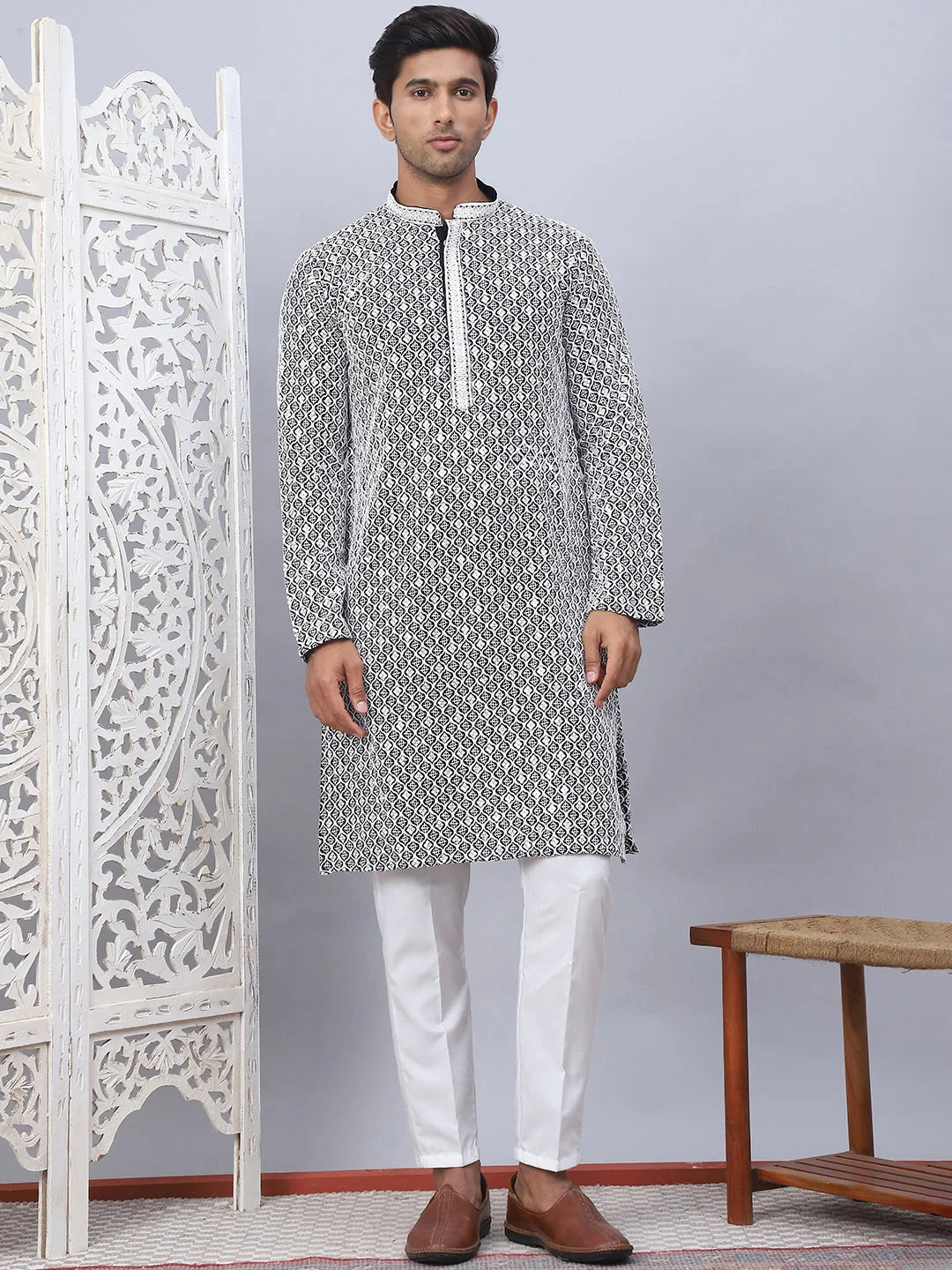 Black Chikankari Mens Kurta Pajama Set | Embroidered Cotton