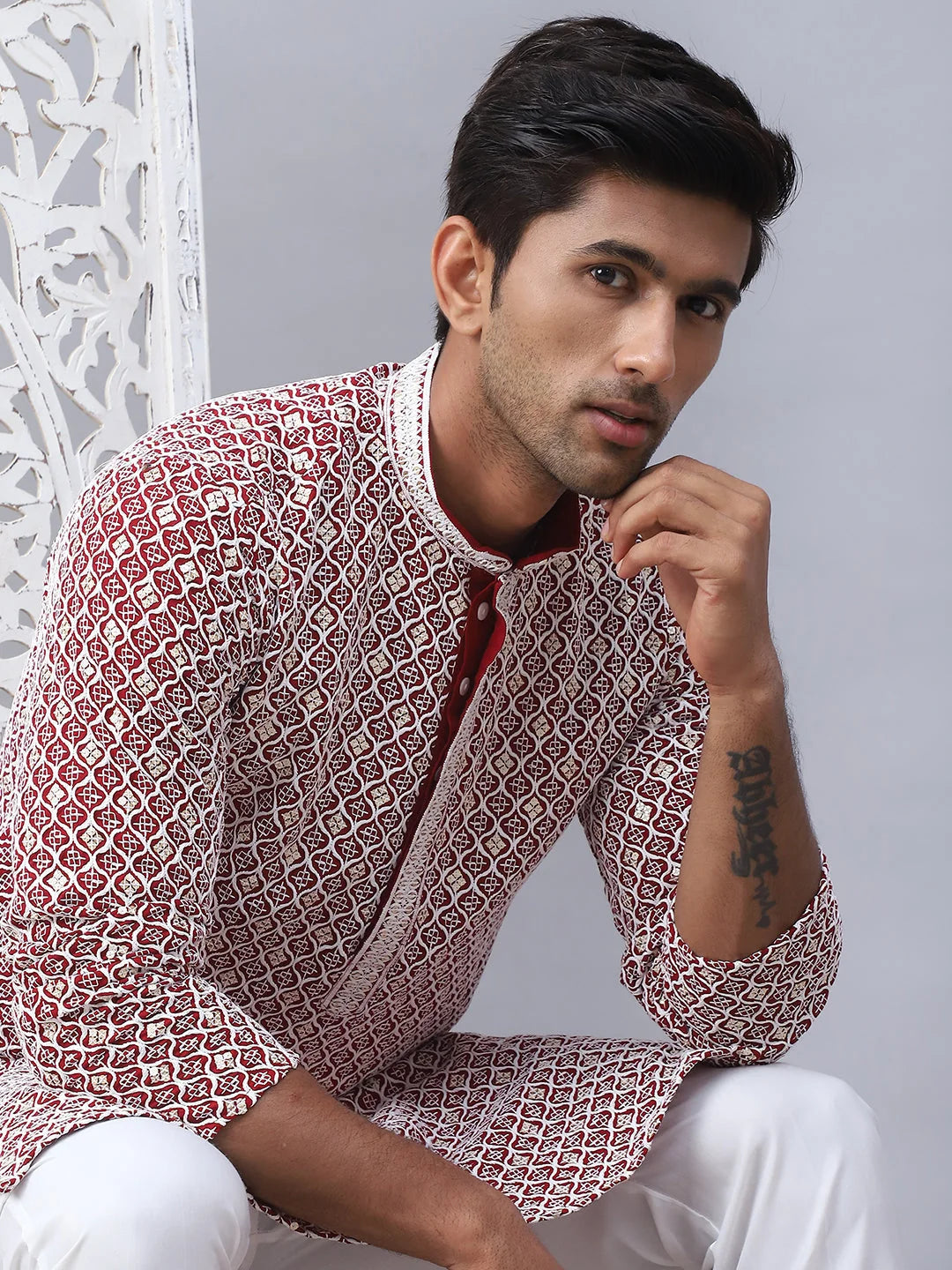 Men's Maroon Chikankari Embroidered and Sequence Kurta with Pyjama-JOKP-5094Maroon