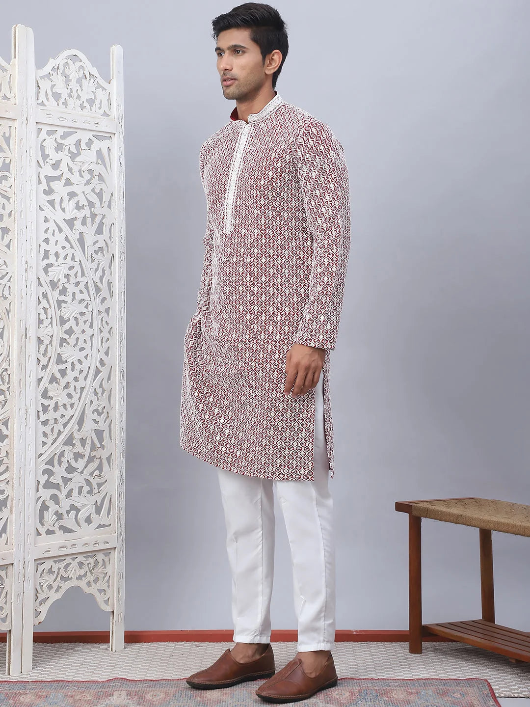 Maroon Chikankari Mens Kurta Pajama Set | Embroidered Cotton