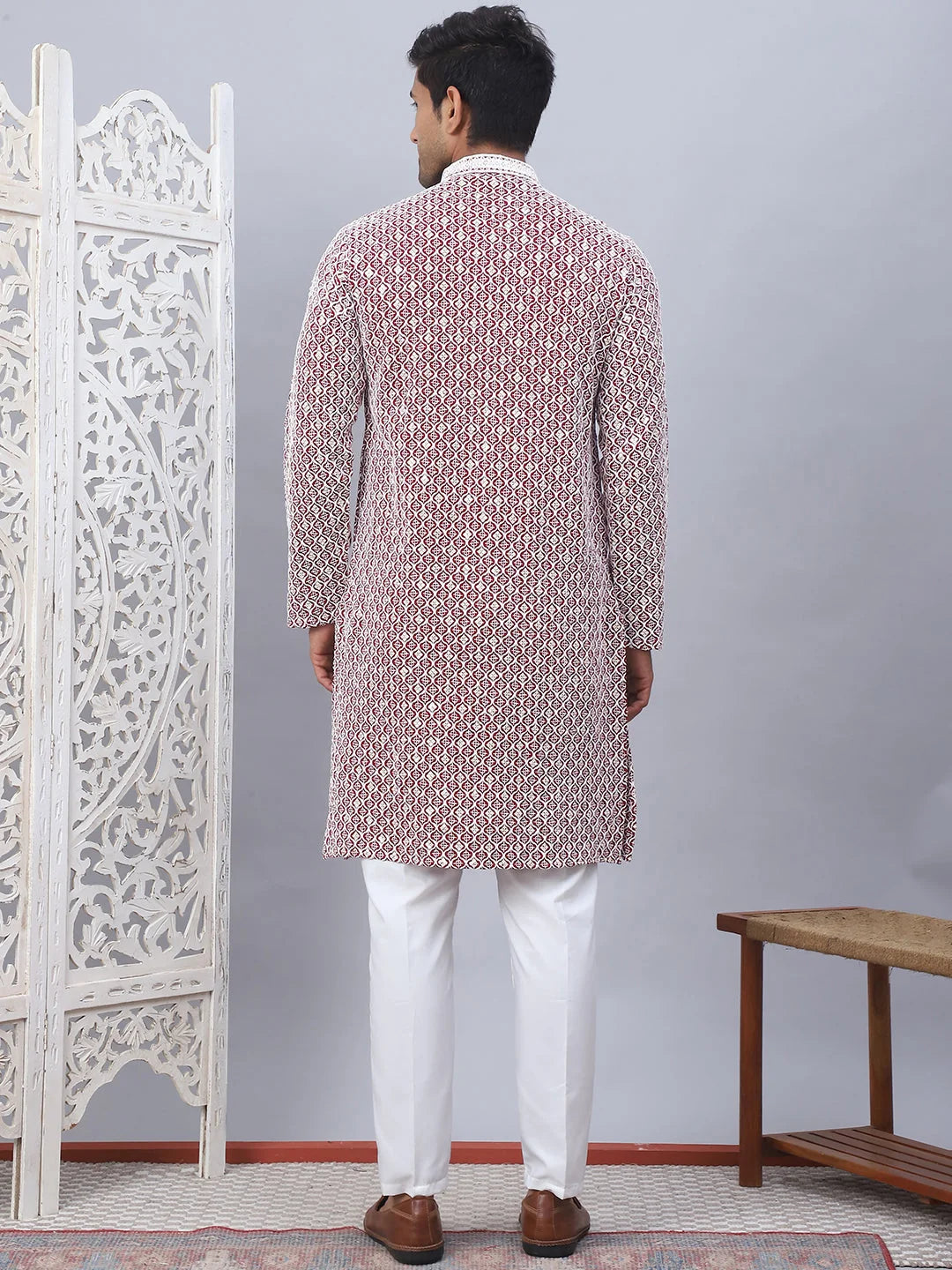 Maroon Chikankari Mens Kurta Pajama Set | Embroidered Cotton