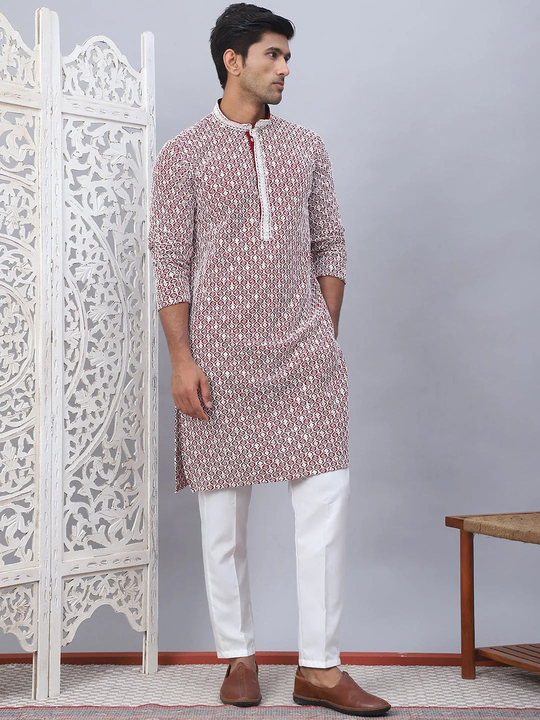 Maroon Chikankari Mens Kurta Pajama Set | Embroidered Cotton