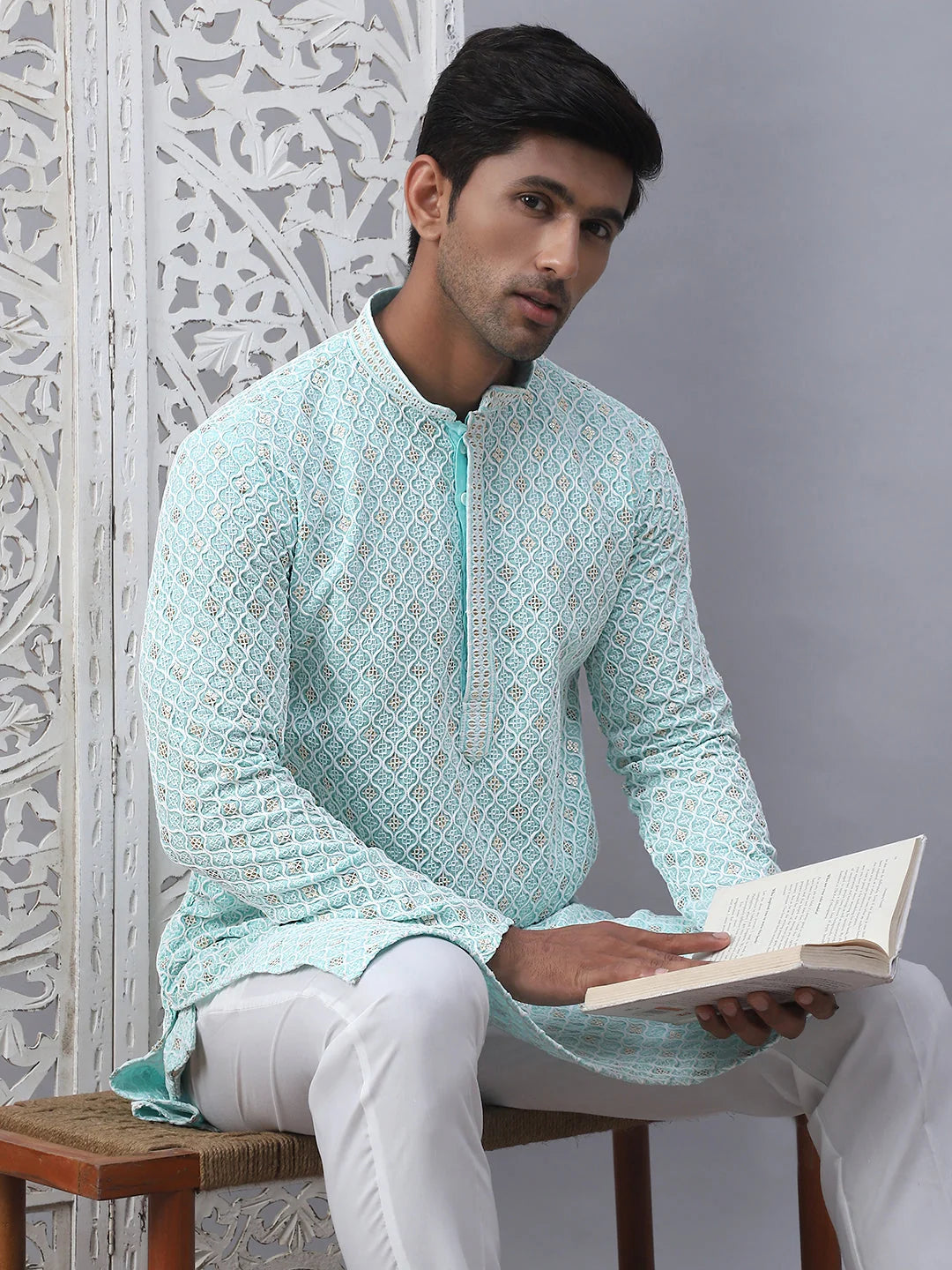 Men's Sky Blue Chikankari Embroidered and Sequence Kurta with Pyjama-JOKP-5094Sky
